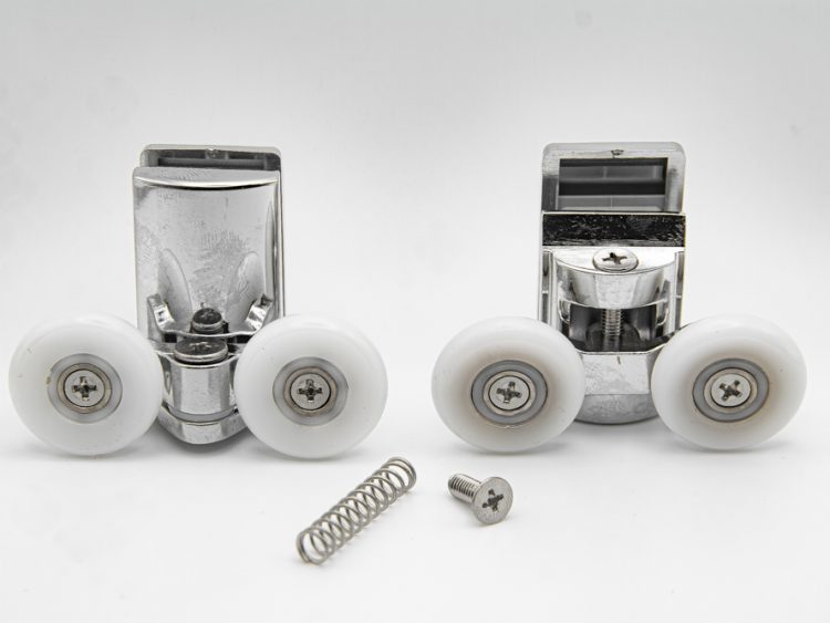 Juego de rodamientos doble articulados con soporte cromado para mampara de ducha. Tornillo M4, diámetro rueda 25 mm. RAN (1 Juego)
