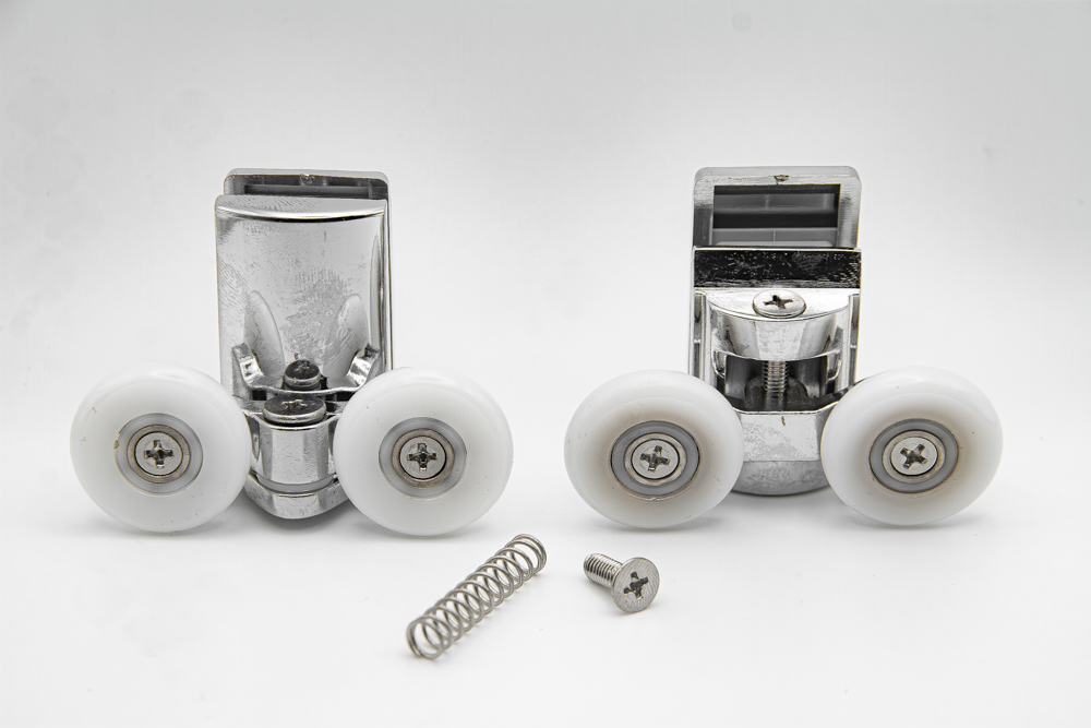 Juego de rodamientos doble articulados con soporte cromado para mampara de ducha. Tornillo M4, diámetro rueda 25 mm. RAN (1 Juego)