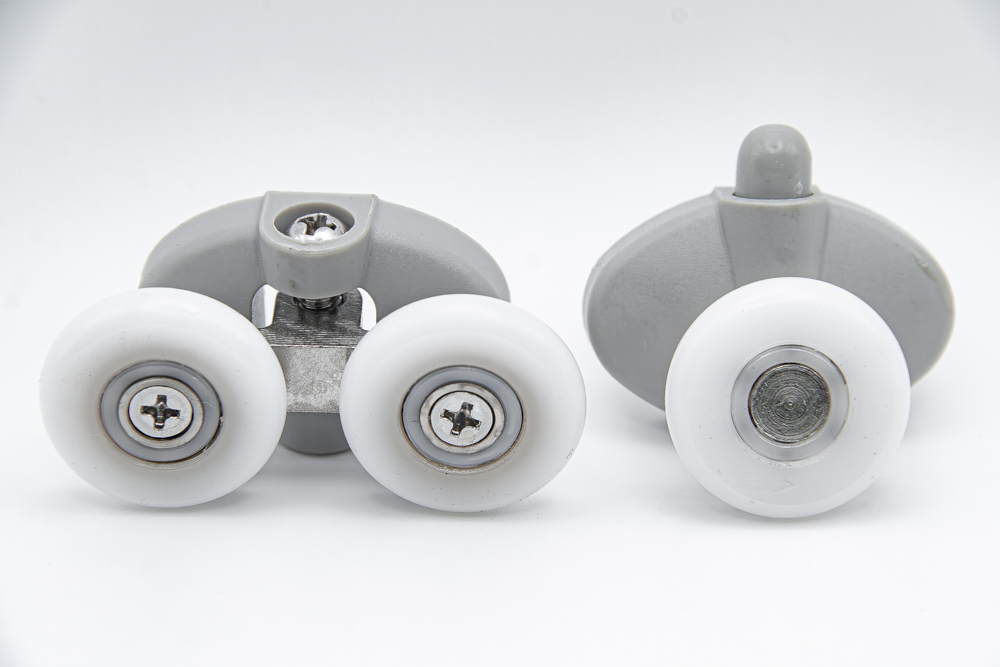 Juego de rodamientos doble articulados con soporte de nylon para mampara de ducha. Tornillos M4, diámetro rueda 25 mm. RAN (2 Juegos)