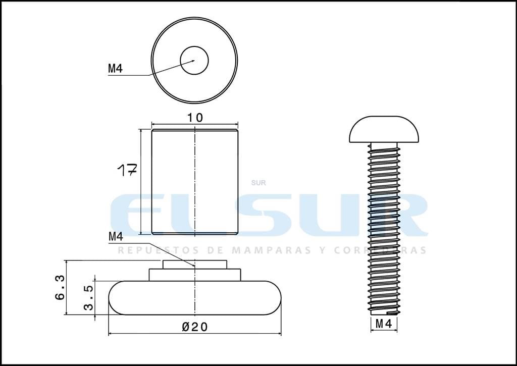 Rodamiento frontal 20 mm nylon casquillo 17 mm, arandela y tornillo métrica 4x25 mm inox (4 UNIDADES) - Imagen 2