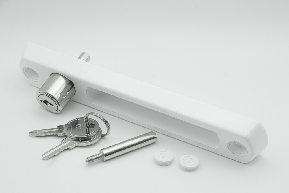 Sistema de cierre central para puertas y ventanas correderas de aluminio con tirador con bombillo y llave, en color blanco. RAN (1 UNIDAD)