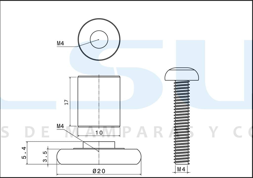 Rueda para mampara frontal con rodamiento de bolas y prolongador de 17 mm. Eje roscado M4, diámetro 20 mm. RAN (4 unidades) - Imagen 2