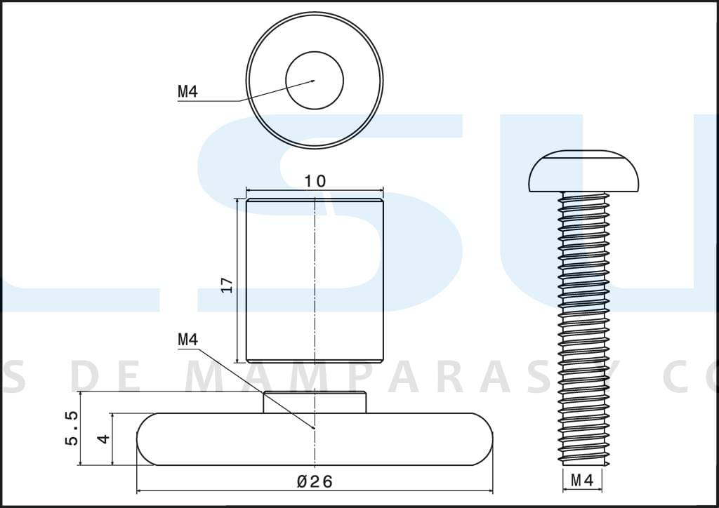 Rueda para mampara frontal con rodamiento de bolas y prolongador de 17 mm. Eje roscado M4, diámetro 26 mm. RAN (4 unidades) - Imagen 2