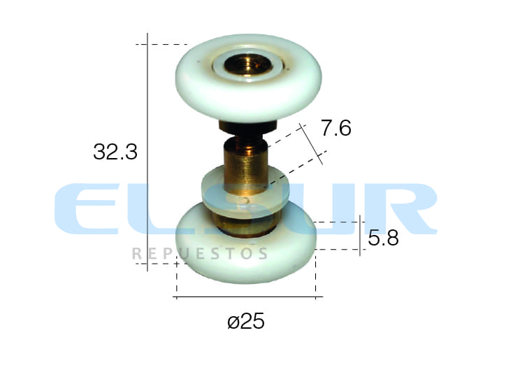Rodamiento excéntrico doble para mampara de ducha con puerta corredera de cristal. Eje 7,6 mm, diámetro 25 mm. RAN (1 unidad) - Imagen 2