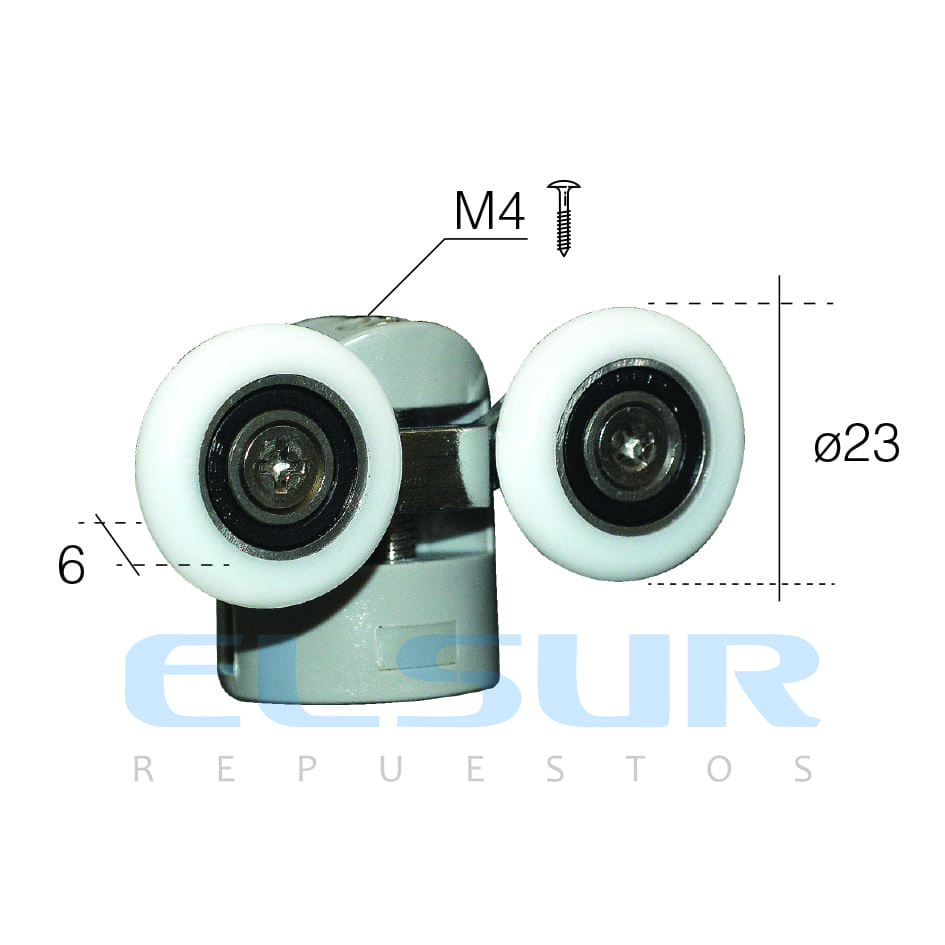 Juego de rodamientos doble articulado con soporte de nylon para mampara de ducha. Tornillos M4, diámetro rueda 23 mm. RAN (2 unidades) - Imagen 2