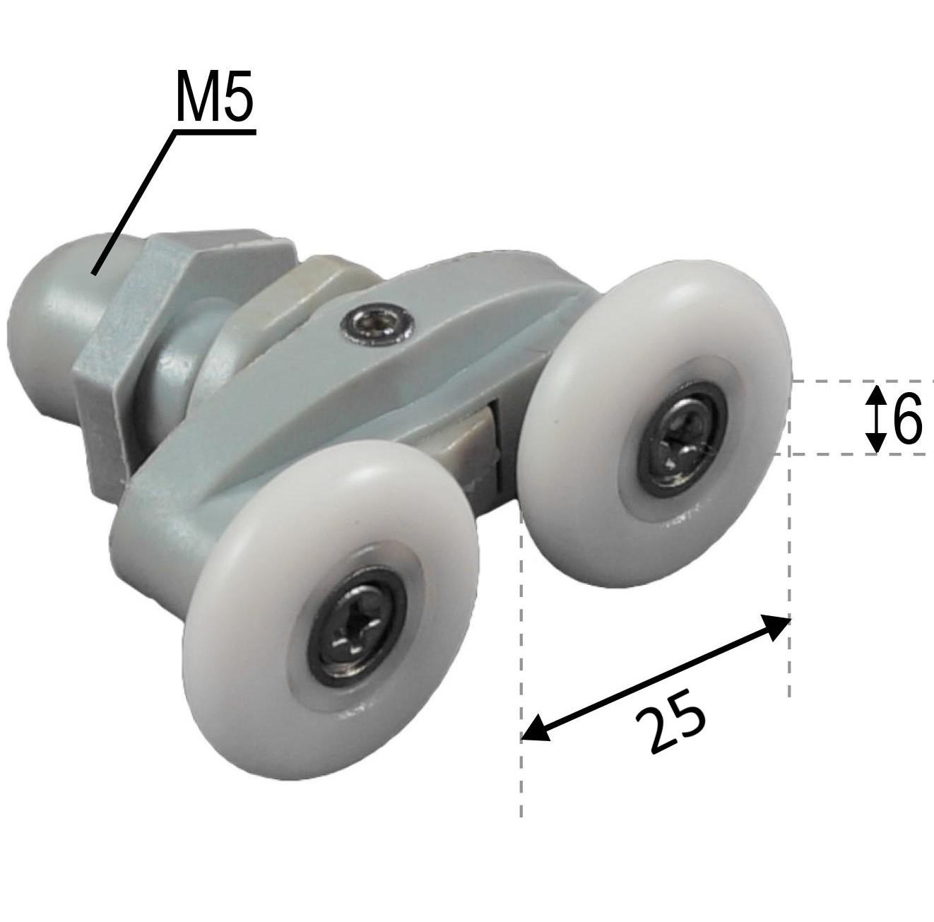Rodamiento doble articulado con soporte de nylon para mampara de ducha. Tornillo M5, diámetro rueda 25 mm. RAN (2 unidades) - Imagen 2